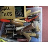 Tools - saws, hole saws, files, moulding plane, collection of scissors.