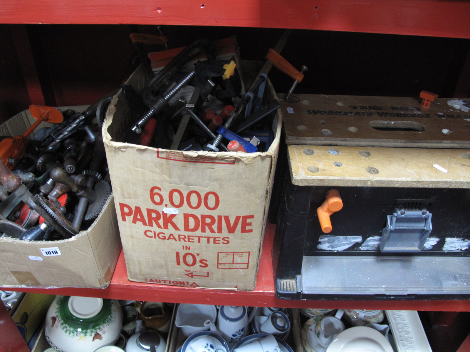 Hand Drills, G Clamps, further clamps and a Black & Decker Workmate work box with contents. (3)