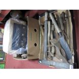 Tools, S shaped hook, block planes, etc:- Two Boxes