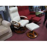 A Cream Leather Stressless Chair, together with a footstool.