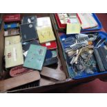 Eight Cut Throat Razors and Cases, old brushes, vintage tins etc.:- One Box and One Tray
