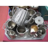 Three Circa 1930's Hammered Pewter Twin Handled Trays, pewter tankards, teapot, jugs, pepperette,