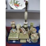 A Quantity of Alabaster Onyx Wares, including table lamp, trinket boxes, vases:- One Tray