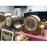 A 1930's Walnut Mantel Clock, Arabic numerals and an oak cased mantel clock. (2)