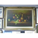 K. Benton, Still Life Study of Fruit, Jug, Bowl and Wine, oil on canvas, signed lower right, 60 x