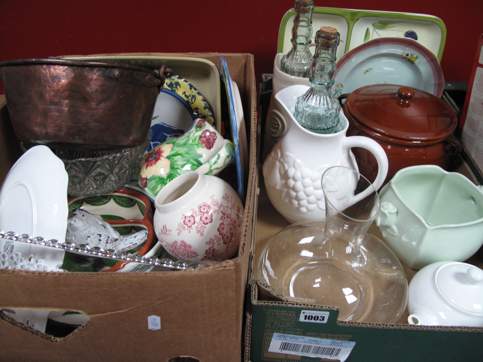 A Copper Pan with Iron Fall Handle, quantity of ceramics, glass ware Hornsea storage jars, Spanish