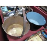 An Early XX Century Brass Jam Pan, an enamel twin handled pan. (2)