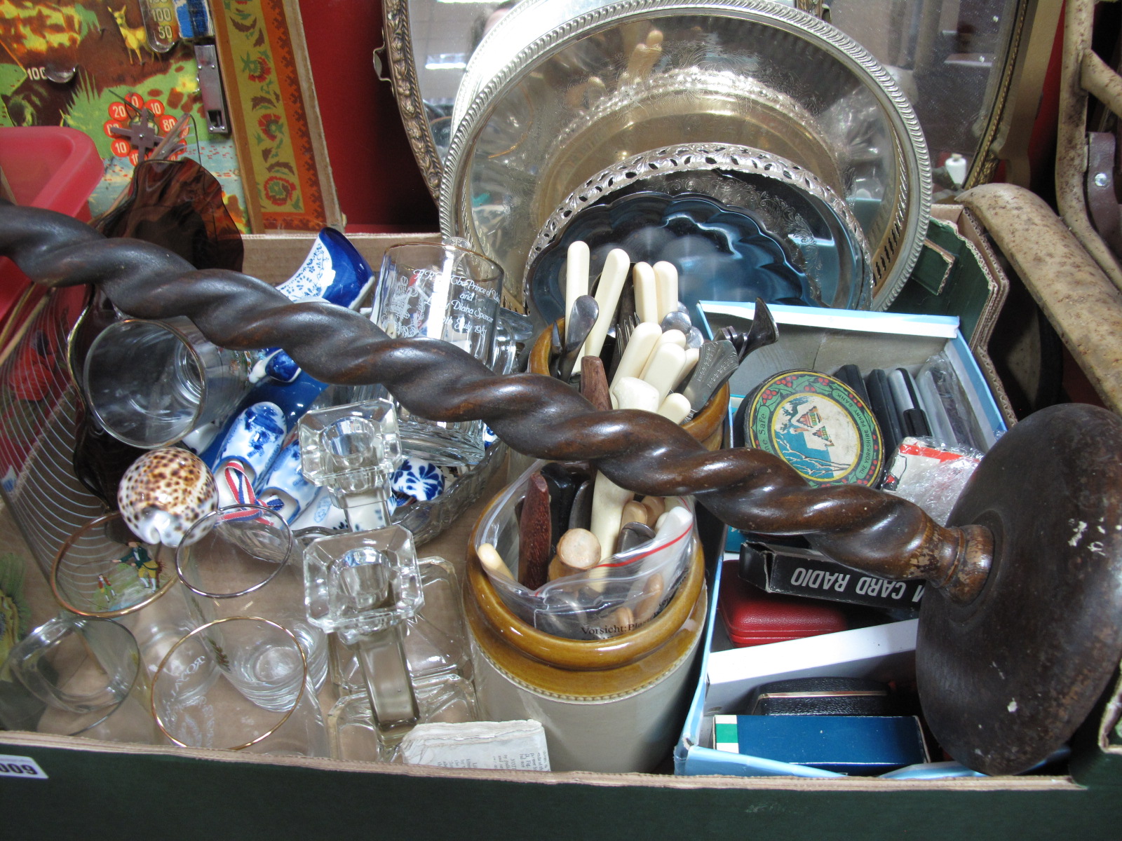 Records, smokers companion, Yorkshire Penny Bank, cutlery, stoneware jars, etc:- Two Boxes,