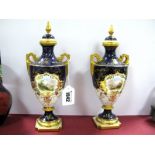 A Pair of Early XX Century Coalport Porcelain Vases and Covers, of two handled, footed ovoid form,