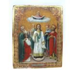 A Russian Icon, on a wood panel, painted with convocation Saintly figures and geometric border, with