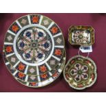 Three Royal Crown Derby Porcelain Plates, decorated in the Imari pattern 1128, no date codes, 21cm