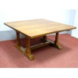 Cat and Mouseman - A Lyndon Hammell (Harmby) Oak Coffee Table, with adzed top on turned and block