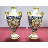 A Pair of Coalport Porcelain Vases, of two handled footed ovoid form, painted in panels with