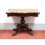 A Mid XIX Century Mahogany Serpentine Card Table, the top with a swivel action, turned pedestal,