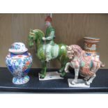 A XX Century Tang Horse with Rider, another Hong Kong example, ginger jar lamp and base, (