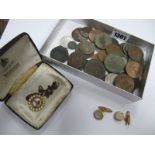 A Mixed Lot of Assorted Coins, A costume jewellery pendant and chain, a pair of Gent's cufflinks.