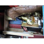 Brass Horse, tins, books, beads, leather satchel, etc:- One Box