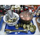 Copper Kettle, brass ladle, enamelled chamber pot, cutlery, etc:- One Tray