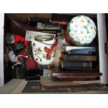 A Painted Glass Biscuit Barrel, books, tin, photos etc:- One Box