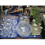 Lead Crystal Bowl, etched sherries tot glasses, four section condiment with eleven cruet bottles,