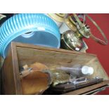 Brass Paraffin Lamp, Primus stove, oak rectangular shaped box, horse brasses, tie press etc:- One