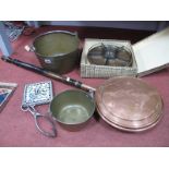 Two XIX Century Brass Jam Pans, copper warming pan, lazy susan, Minton kettle stand.