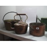 A XIX Century Copper Kettle of Oval Form, copper pan and brass jam pan, having iron loop handle. (