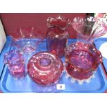 A Collection of Late Victorian Cranberry Glass, to include a globular dimpled vase painted in