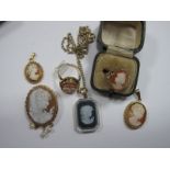 Two Cameo Rings, a black and white cameo style pendant on a chain, and three oval cameo pendants.