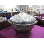 A Large Decorative Circular Plated Tureen and Cover, allover detailed in relief with lattice