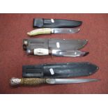 Bowie Knives - Damascus Blades, boars tooth handles, plus Stag handles by Nowill. (3)