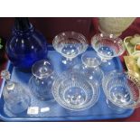 A Blue Glass Decanter and Stopper, six Webb Corbett cut glass stemmed dessert dishes, glass bell:-