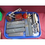 Seven Cut Throat Razors, pocket knives, Psalter scales, oil cans:- One Tray.