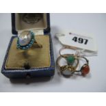 Turquoise Set Oval Cluster Ring, a 9ct gold single stone opal ring and two further single stone