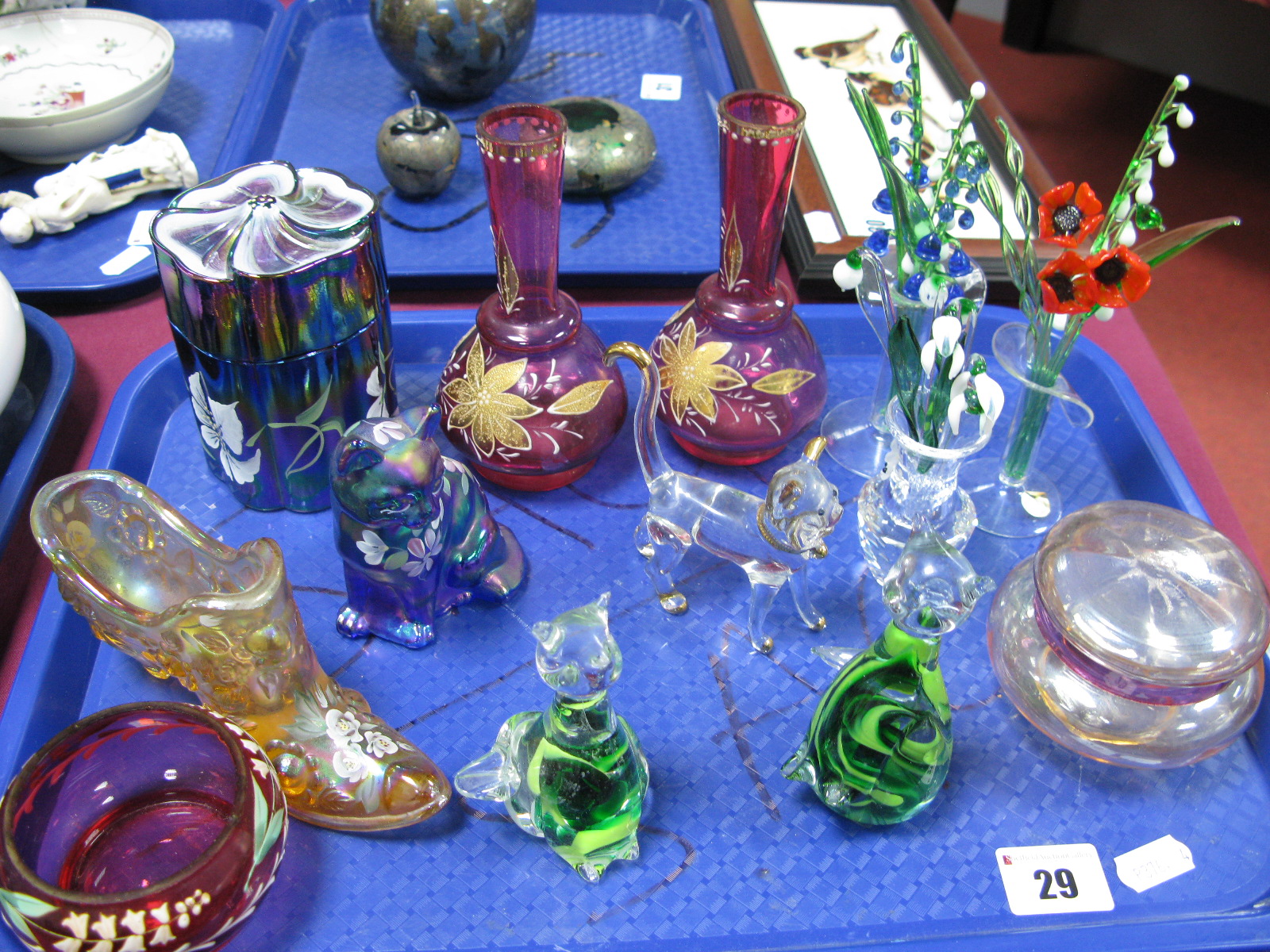 Mdina Glass Cats, Fenton hand painted boot, cat, jar, cranberry vases etc:- One Tray