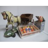 A Mid XX Century Large Wooden Horse and Cart by Freeway, a clown 'Jack in the Box' and set of