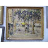 Continental School, Mid XX Century, 'Town Plaza with Figures by a Tree', oil on board 46 x 54cm