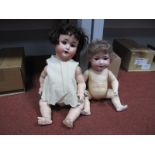 Two German Bisque Headed Dolls, one sleepy eyes, open mouth with teeth, head stamped Germany, 201.