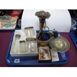 Hallmarked Silver Topped and Other Glass Jars, flared vase, a Royal Crown Derby pin dish, scent