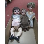 Three Porcelain Headed Dolls - One German, the head stamped 321, with sleepy eyes, open mouth, no