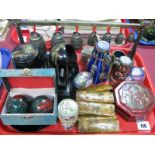 Souvenir Oriental Wares, enamelled jars,hanging bell set, black lacquered desk wares, compass, scent