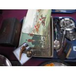 Vintage Place Mats, wooden tea caddy, hallmarked silver thimbles, corkscrew, scissor action cigar