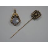 A Hardstone Set Swivel Fob Pendant, (indistinctly stamped); together with a stick pin, with