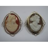 A 9ct Gold Oval Shell Carved Cameo Brooch, depicting female profile, within openwork border; another