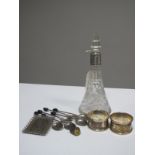 A Decorative Hallmarked Silver Mounted Cut Glass Bottle, a set of six hallmarked silver coffee