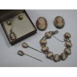 An Oval Cameo Panel Bracelet, depicting female profiles, cameo brooches, stickpins etc.