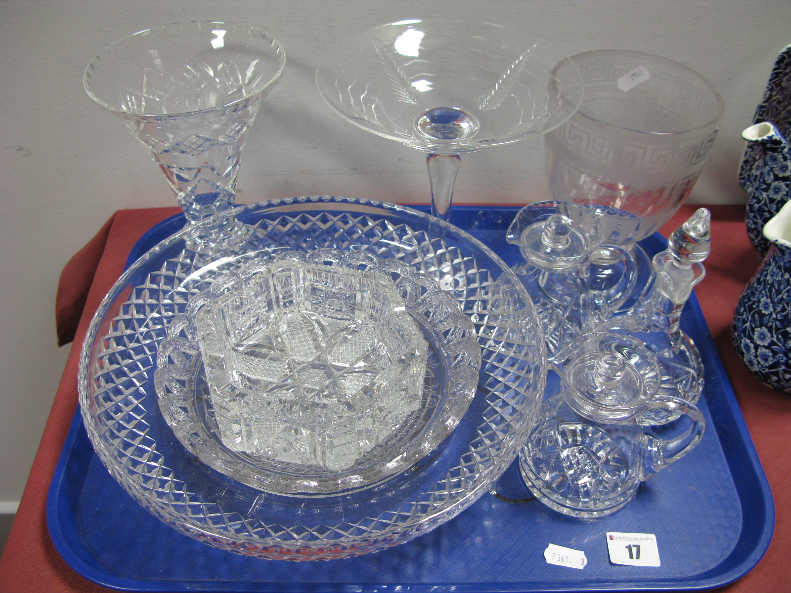 A XIX Century Etched Glass Baluster Goblet, with Greek Key rim (chipped), Stuart glass vase, heavy