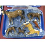 Beswick Pottery Fox and Two Foals, and three damaged horses:- One Tray