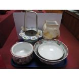 A Noritake Bowl, Chinese bowl and chamber pot (cracked), enamelled basket, vase:- One Tray