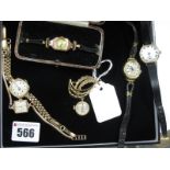 9ct Gold Cased and Other Ladies Wristwatches, together with a "Perona" Ladies brooch watch of